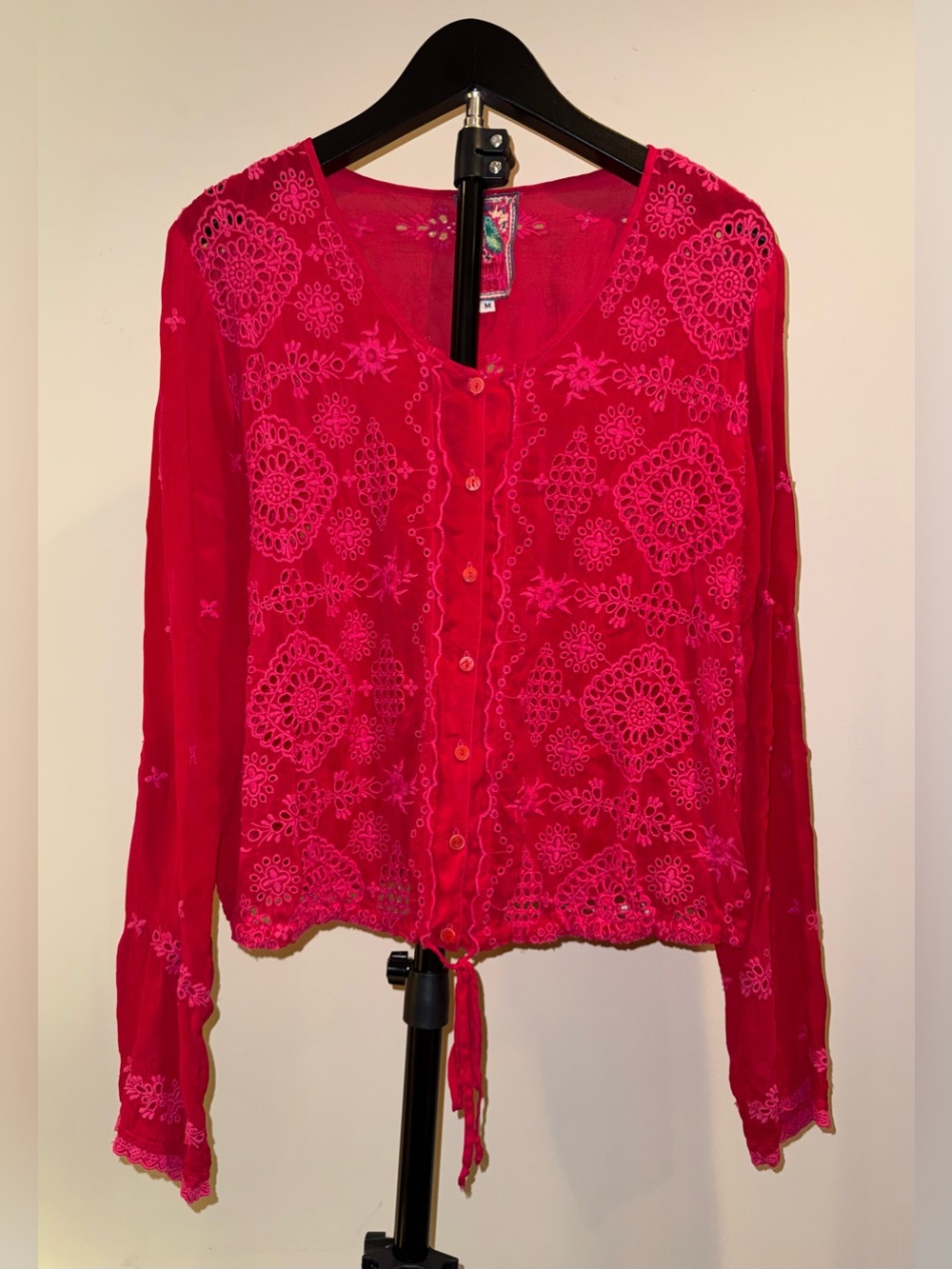 Johnny Was Gwen blouse in a vibrant red color with intricate embroidery, sz M